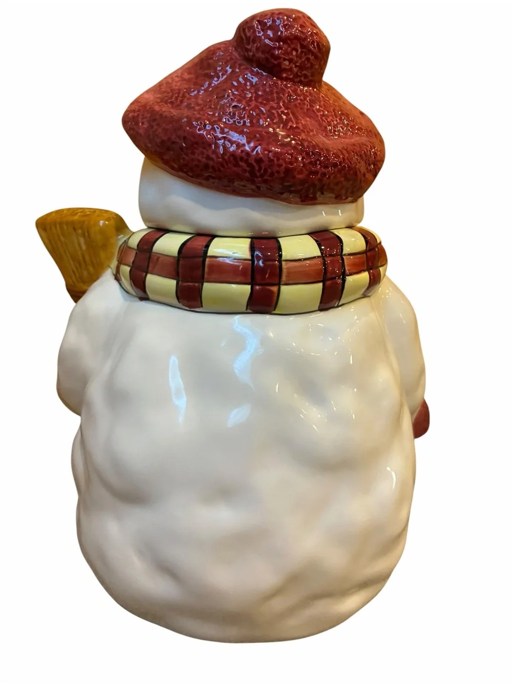 Sakura Debbied Mumm White Snowman Cookie Jar Red Hat lid Plaid Scarf Christmas